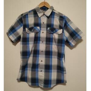 Eddie Bauer Blue Grey White Check Plaid Short Sleeve Pockets Shirt Size Med
